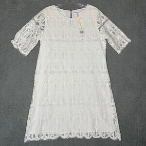 BCBGeneration White Lace Shift Dress Short Sleeve Optic White